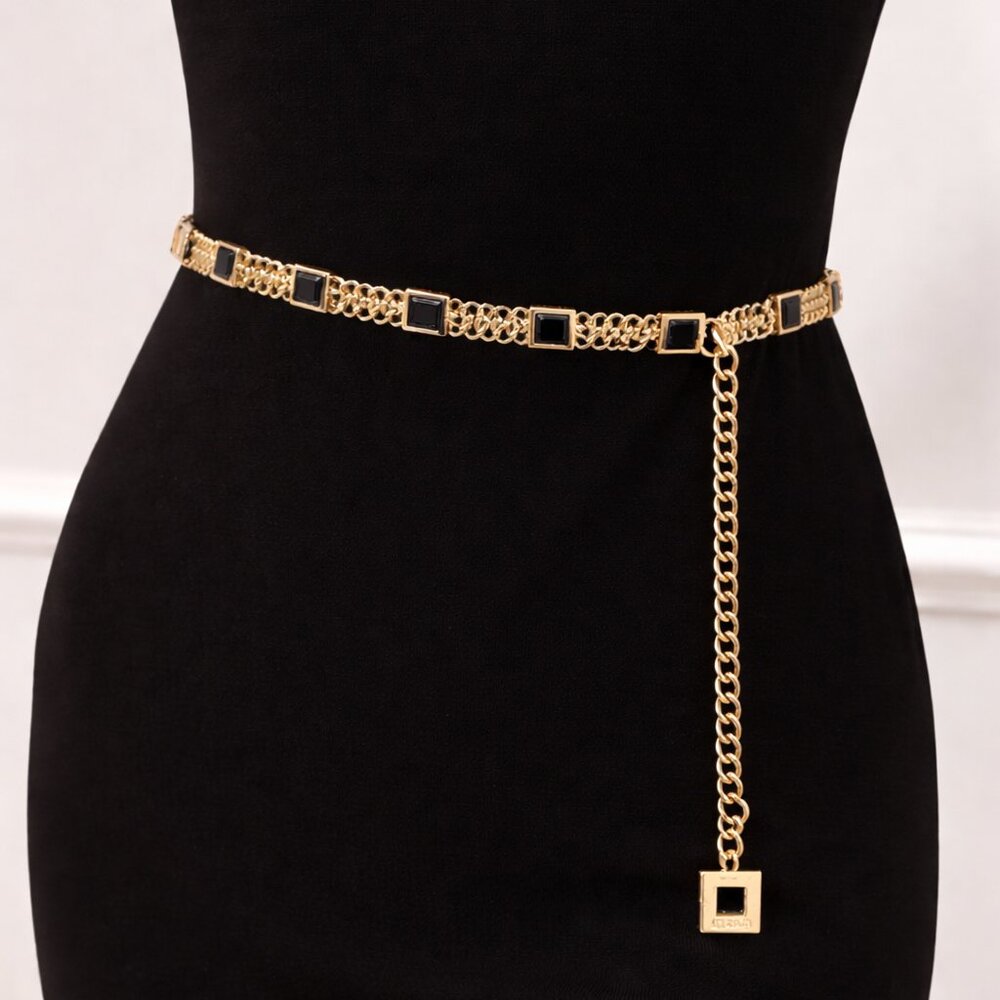 St. John Gold Chain Belt w/ Black Enamel Squares | Vintage Adjustable Statement